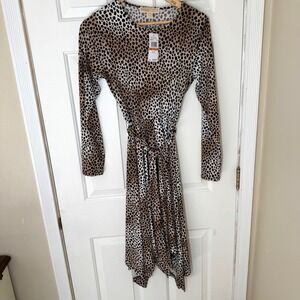 NWT Michael Kors Leopard Print Long Sleeve Belted Midi Dress Bone Women's Size S